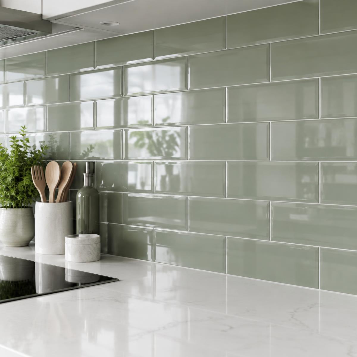 Sage Glass Subway kitchen backsplash in Tempered glass