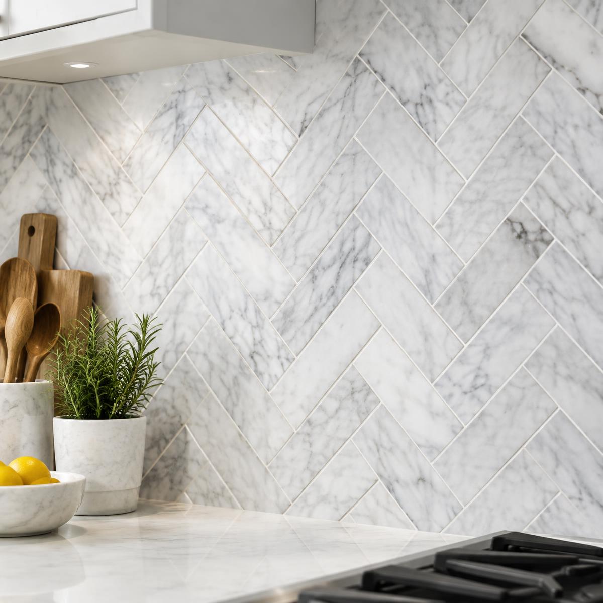 Carrara Herringbone kitchen backsplash in Polished marble