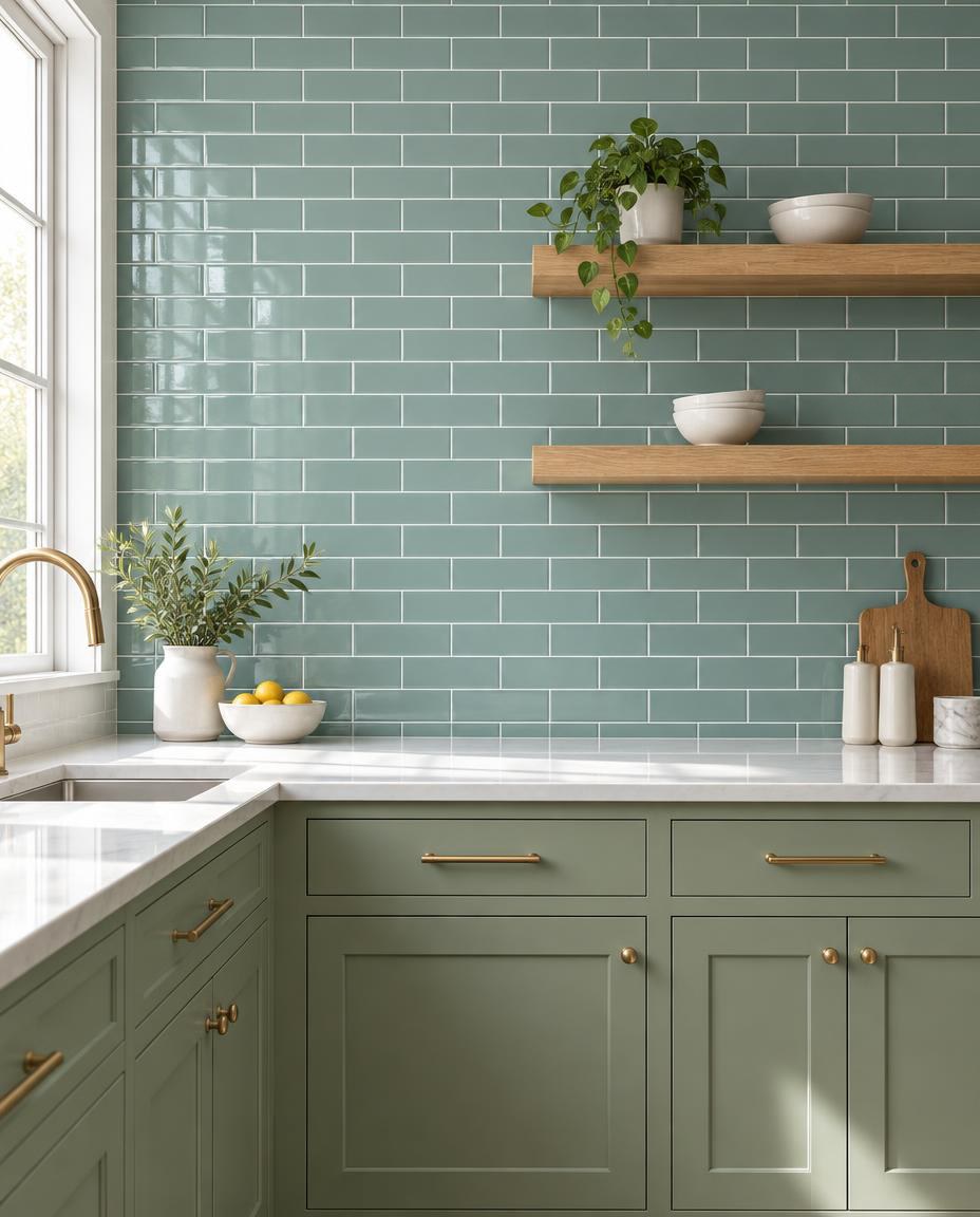 Teal Subway kitchen backsplash in Glossy ceramic
